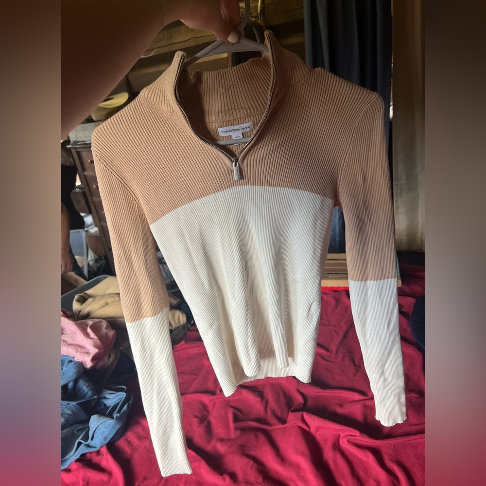 Calvin Klein Jeans Beige Ribbed Half-Zip Sweater